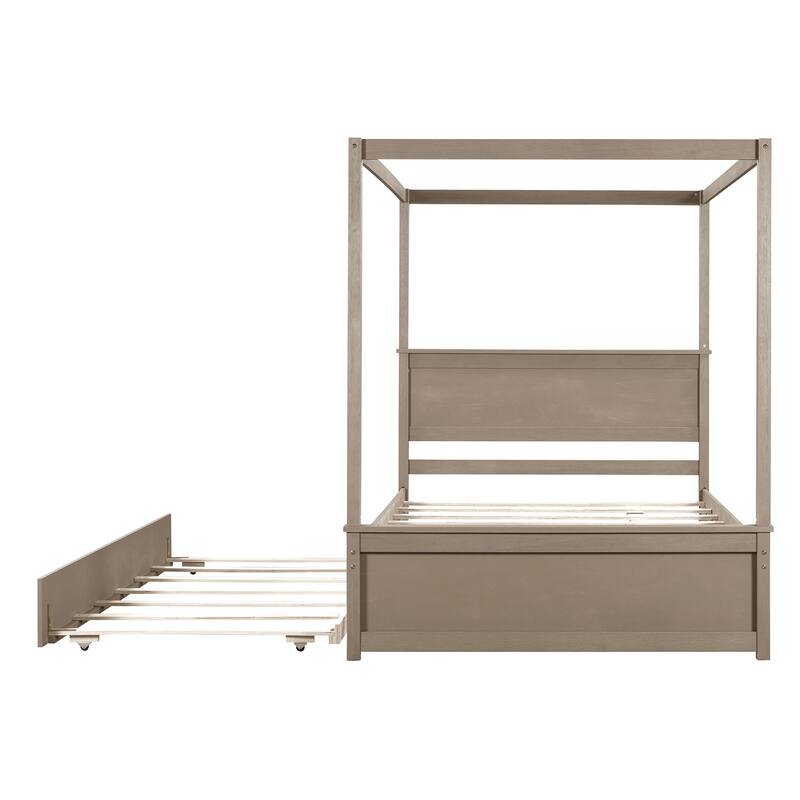 Modern Full Canopy Bed with Trundle, Solid Wood Frame, and Customizable Curtain Rails