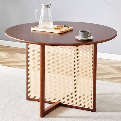 Chinese Countryside Retro Walnut Solid Wood Round Table,Simple Modern Imitation Rattan Table,Wooden Table,Desk
