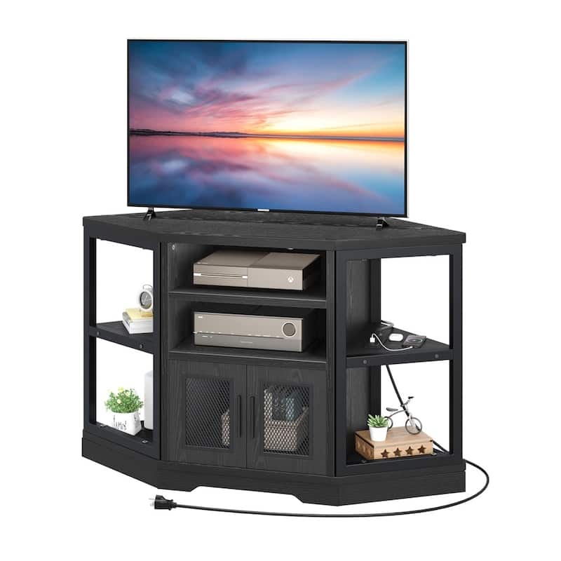 Corner TV Stand with Power Outlets & LED Lights TV Console Black - 47 inches in width