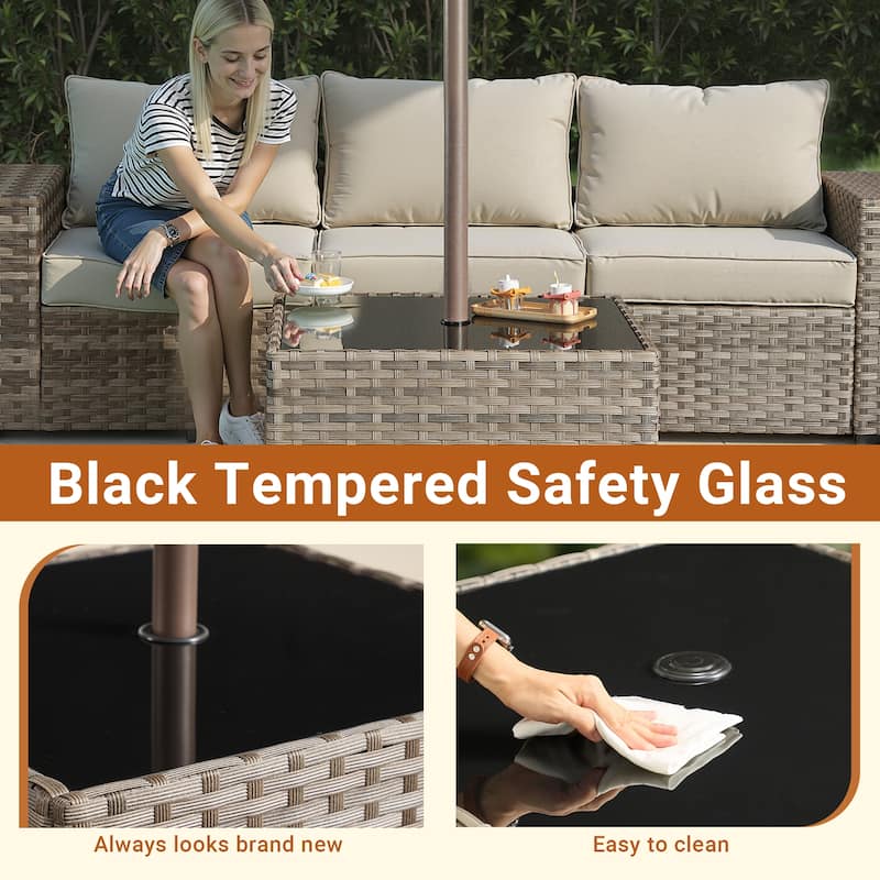 XIZZI Outdoor Wicker Coffee Table with Umbrella Hole for Garden Deck or Poolside