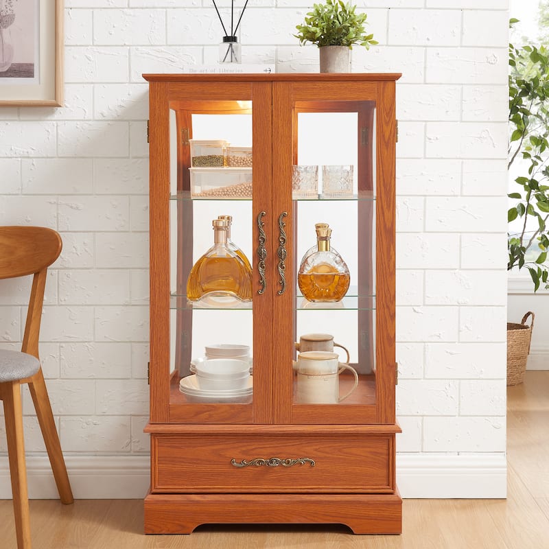 Lighted Glass Curio Cabinet with Adjustable Shelves - Elegant 2-Door Display Cabinet & Built-in Drawer, Includes Bulb - Dark Oak