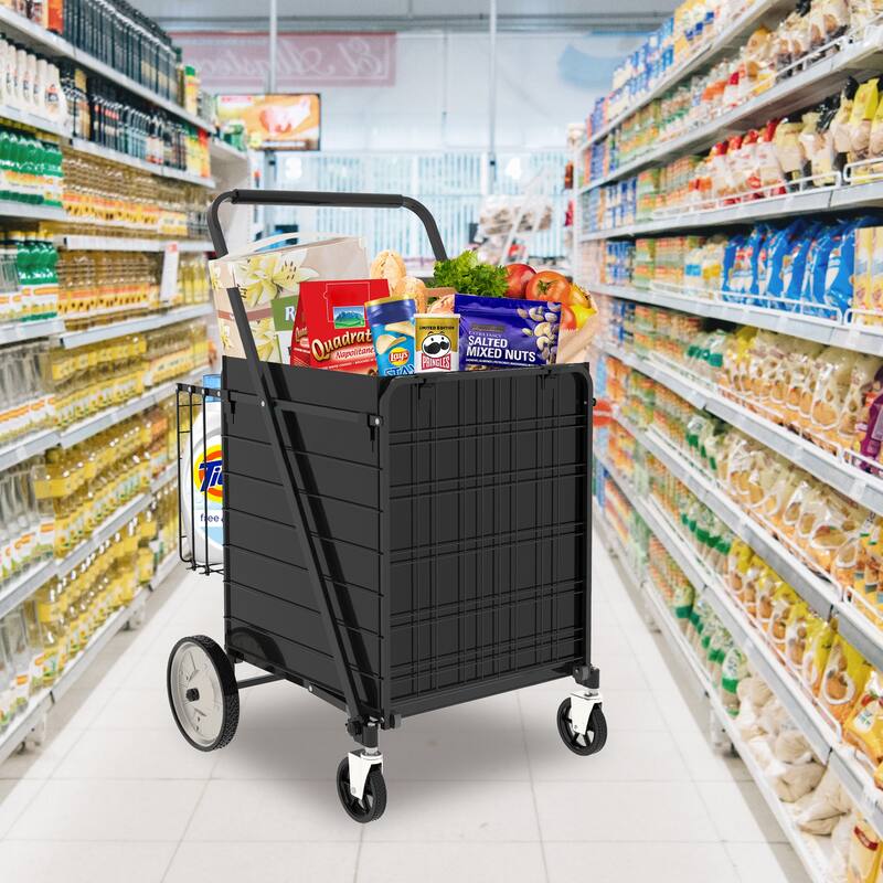 Foldable Super Jumbo Grocery Shopping Cart w/ Double Basket & 360 Rolling Swivel Wheel