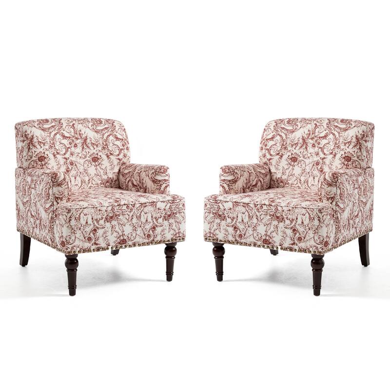 Set 2 Striped Upholstered Linen Armchair with Brass Nailhead Trim