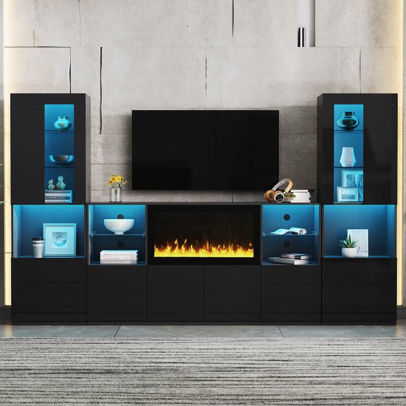 34.2" Non-Heater Electric Fireplace TV Stand - High Gloss Finish, LED Lights & Storage for TVs up to 75"