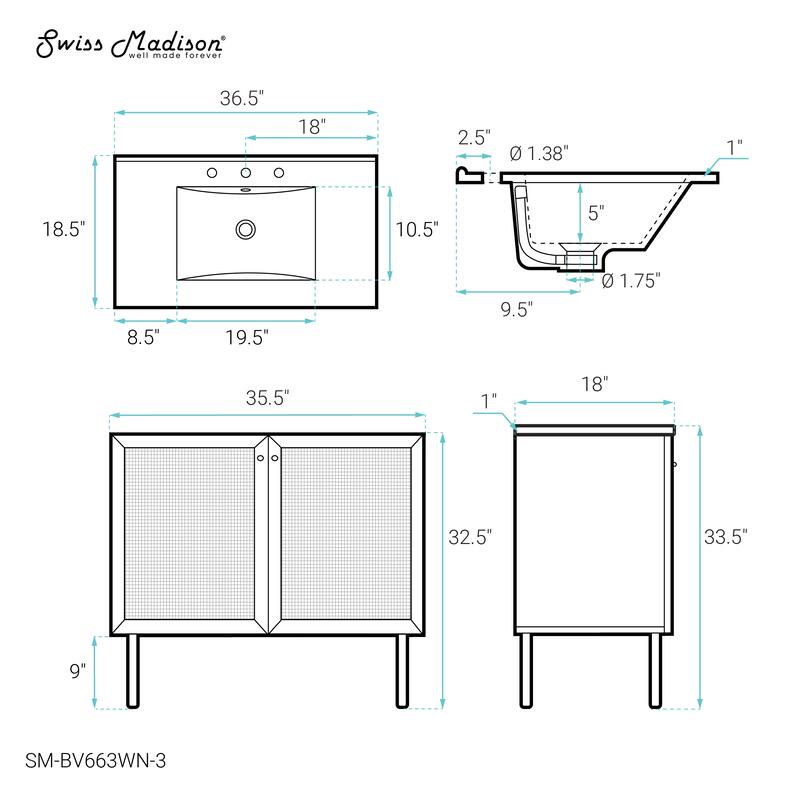 Classe 36 In. Brown Oak Bathroom Vanity With White, 3-Hole Ceramic Sink Top