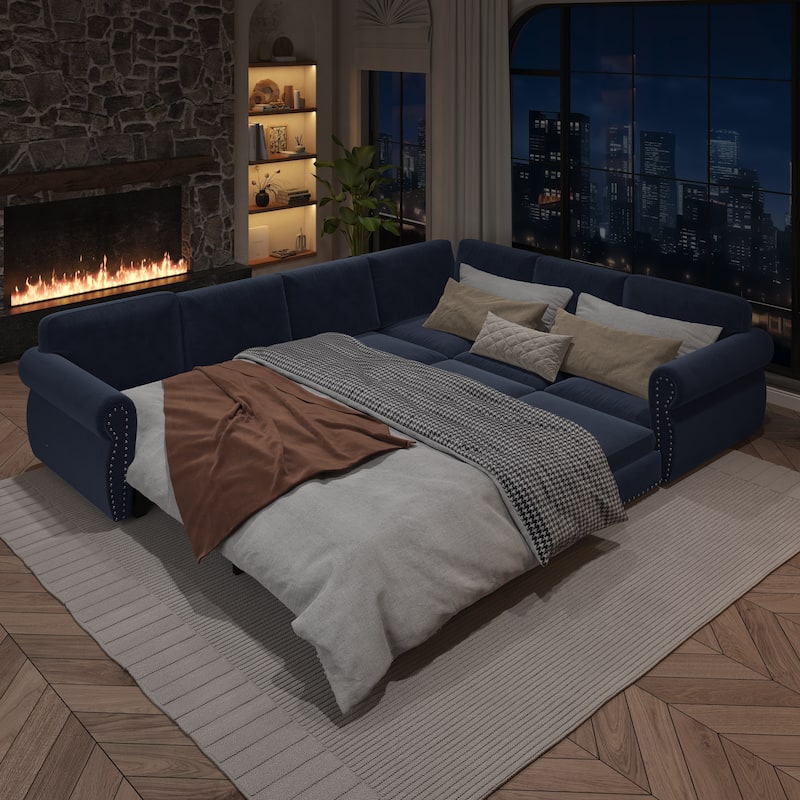 L-Shaped Sectional Sofa with Pull-Out Bed, Oversize Convertible Sleeper Sofa with Rolled Arms, Chenille Upholstery