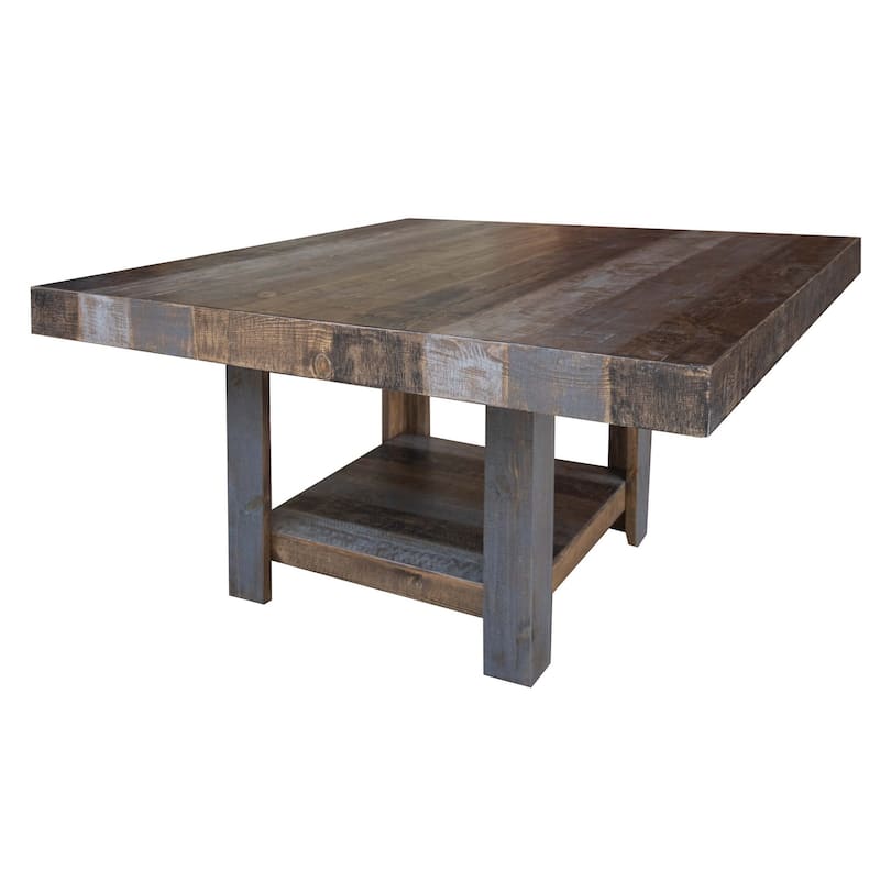 Linn 54 Inch Square Dining Table, Open Shelf, Gray, Rustic Brown Pine Wood