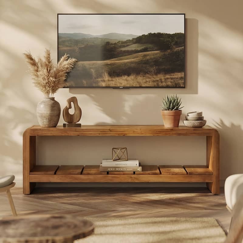 59" TV Stand for 55/60/65-Inch TVs, Solid Wood TV Console with Storage Shelf