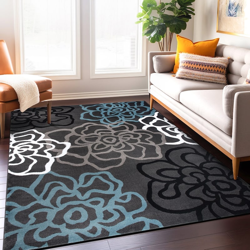 World Rug Gallery Contemporary Modern Floral Flowers Area Rug - 5' 3" x 7' 3" - Dark Grey