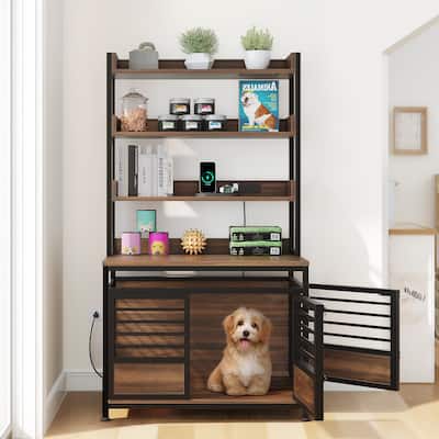Dog Crate Furniture with Storage Shelves And Charging Station