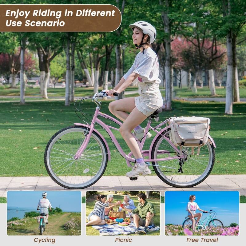 Beach Cruiser Bike for Women and Men, 24/26 Inch 7-Speed Adult Bicycle