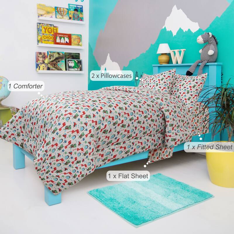 Full Multicolor 5 Piece Microfiber Fabric Comforter Set Dino Series