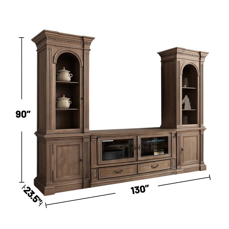 3 Piece Wooden TV Stand Set with Carved Details in Weathered Oak