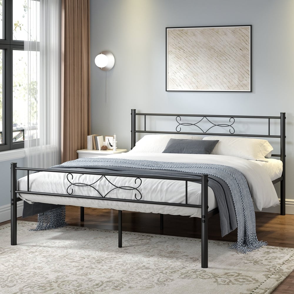 VECELO Metal Bed Frame with Headboard and Footboard No Box Spring Needed 12in Underbed Storage with Decorative Headboard