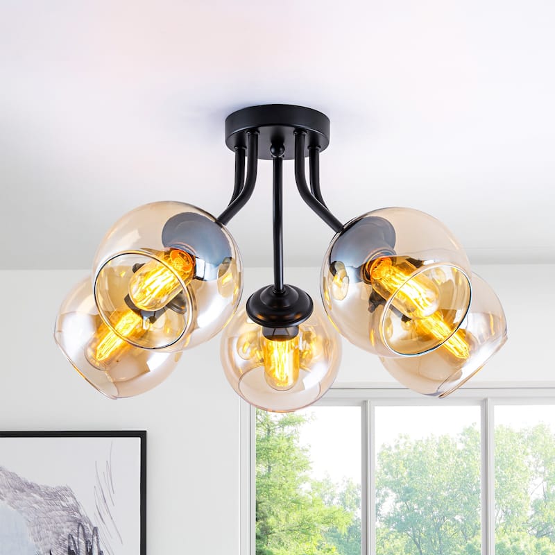 5 Lights Semi-Flush Mount Ceiling Light with Amber Glass Shade Sputnik - Dia.20.47-in - Dia.20.47-in