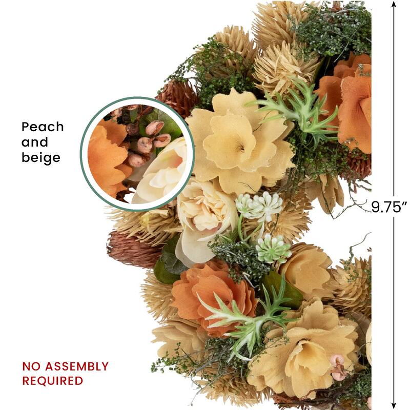 Mixed Floral Artificial Spring Wreath - 9.75" - Beige and Peach