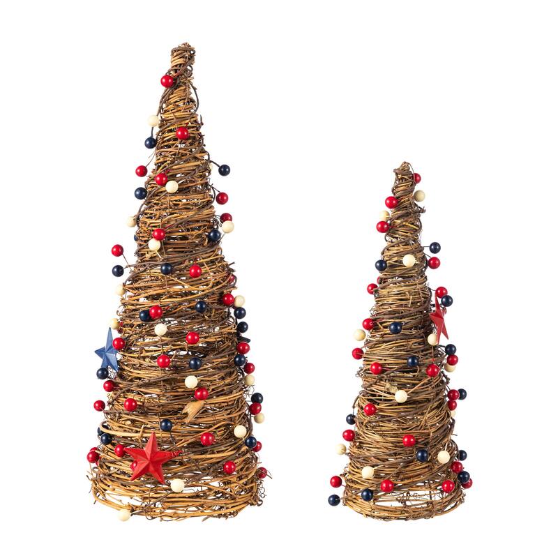 Glitzhome Set of 2 Patriotic/ Americana Rattan Stars and Berry Cone Table Tree