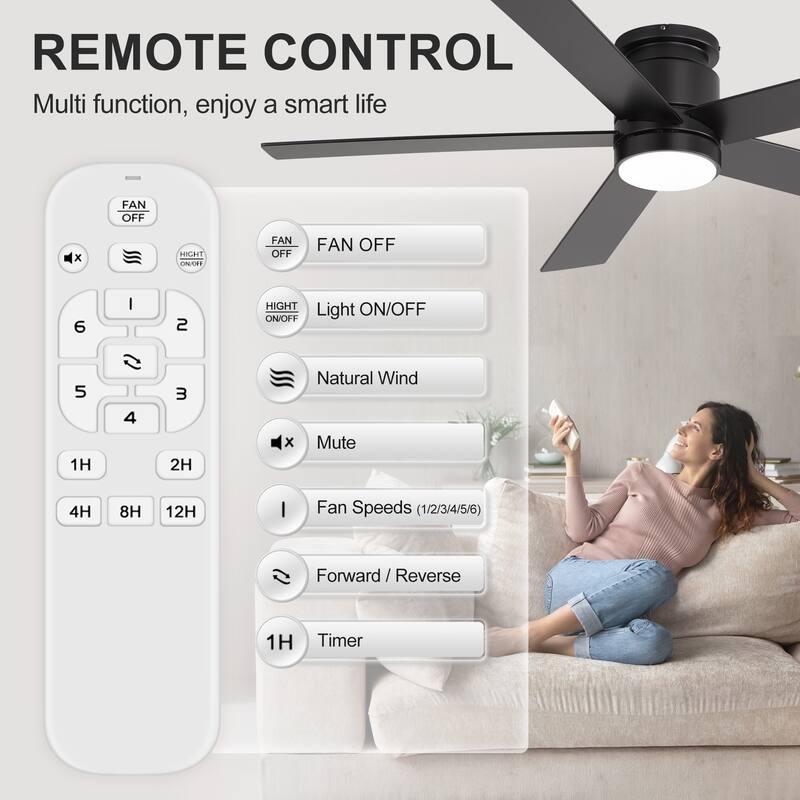 52-inch Black Flush Mount Ceiling Fan with LED Light and Remote