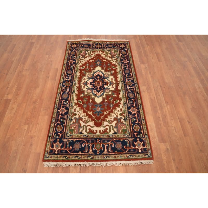 Hand Knotted Oriental 100% Wool Carpet Traditional Medallion Oranges & Rust Heriz (serapi) Area Rug - 5' 3'' X 2' 10''