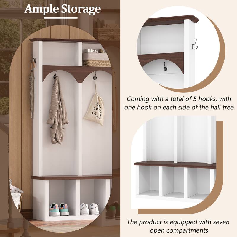 Farmhouse Hall Tree with Storage Bench & Shoe Cabinet, Arched Entryway Organizer with 5 Hooks and 7 Cubbies, Walnut Finish