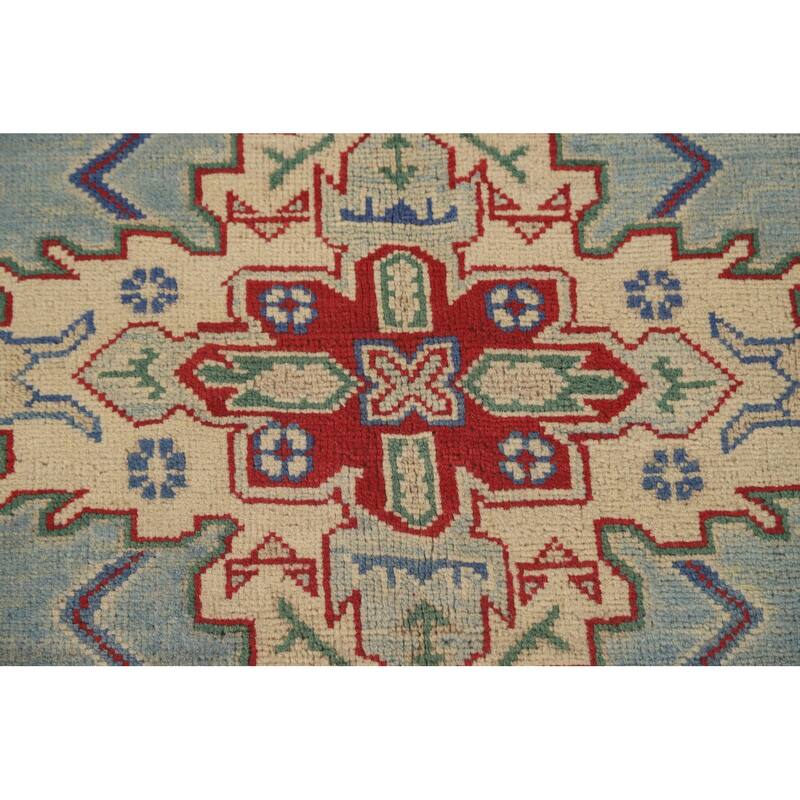 Light Blue Geometric Kazak Area Rug Handmade Wool Carpet - 4'11" x 6'10"