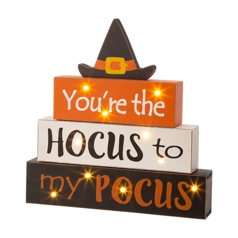 Glitzhome 11.75"H Halloween Wooden Lighted Witch Word Block Table Decor