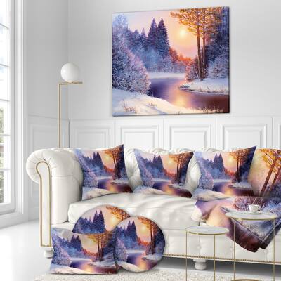 Designart "Christmas forest with river" Landscapes Painting Print on Wrapped Canvas - White