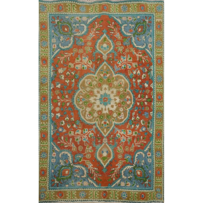 Hand Knotted Oriental 100% Wool Carpet Traditional Floral Oranges & Rust Tabriz Area Rug - 4' 8'' X 3' 2''