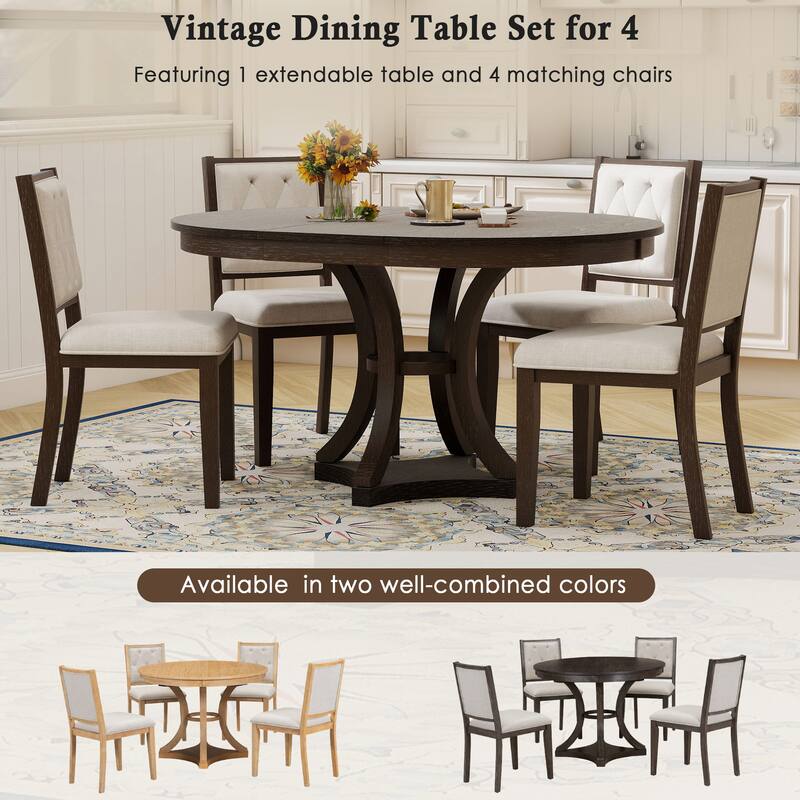 5-Piece Retro Dining Table Set with Extendable Round Table and 4 Upholstered Chairs