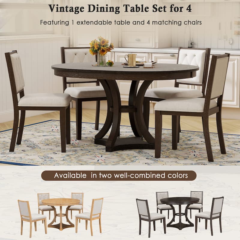 5-Piece Retro Functional Dining Table Set Extendable Round Table and 4 Upholstered Chairs for Dining Room and Living Room