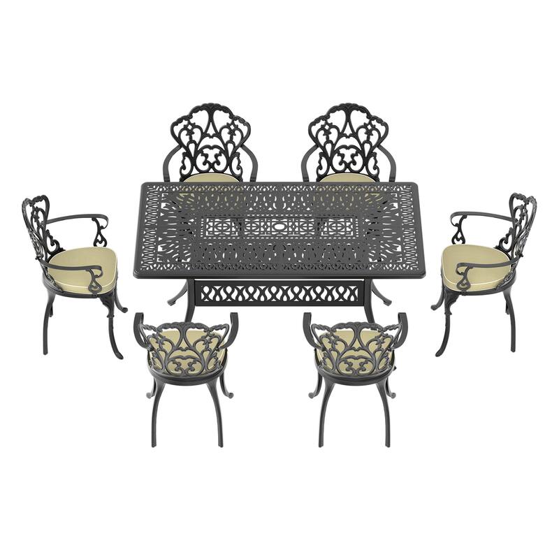 5/7-Piece Cast Aluminum Outdoor Dining Set with 58.27'' L X 34.65'' W Rectangular Table and Seat Cushions