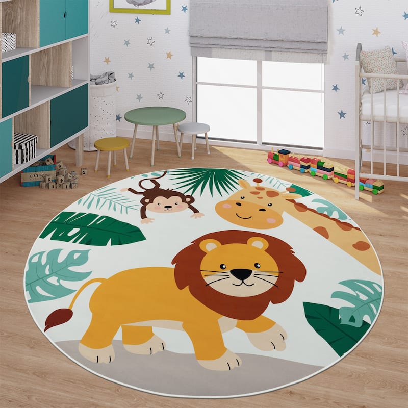 Kids Rug Play-Mat with Giraffe Lion & Monkey in Beige - 6'7" Round