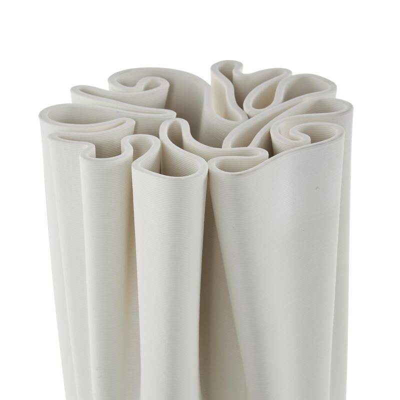Ceramic Abstract Ribbed Dimensional Folded Decorative Vase with Compact Wavy Rim - White - Roche River Decor