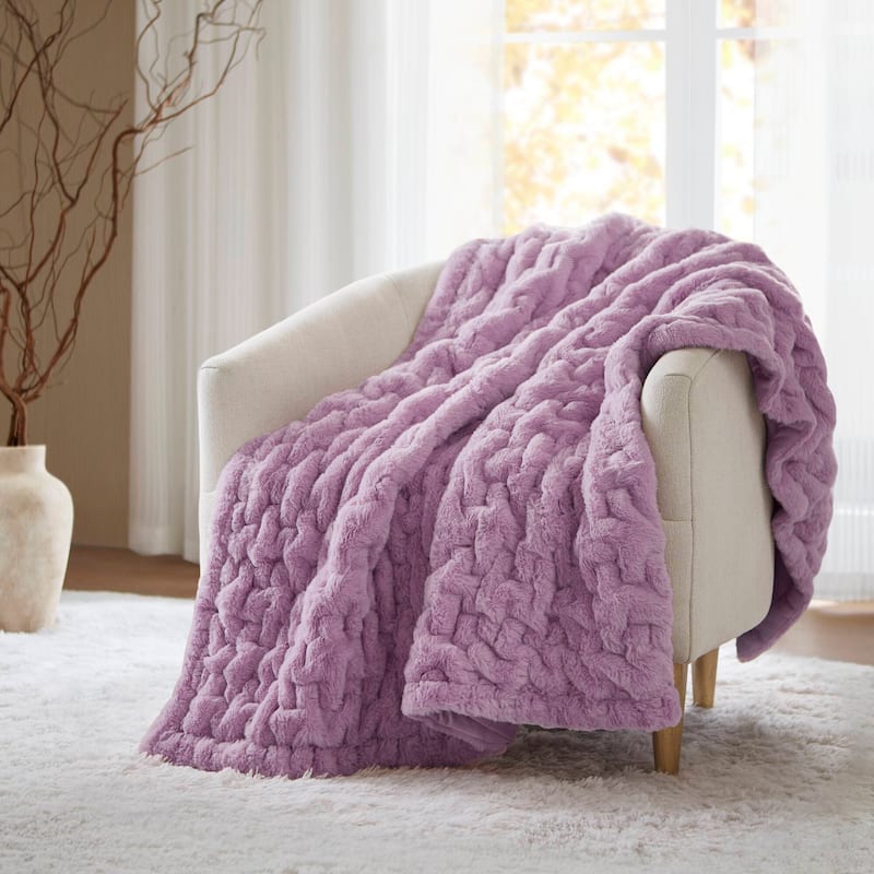 Madison Park Ruched Fur Throw - Purple