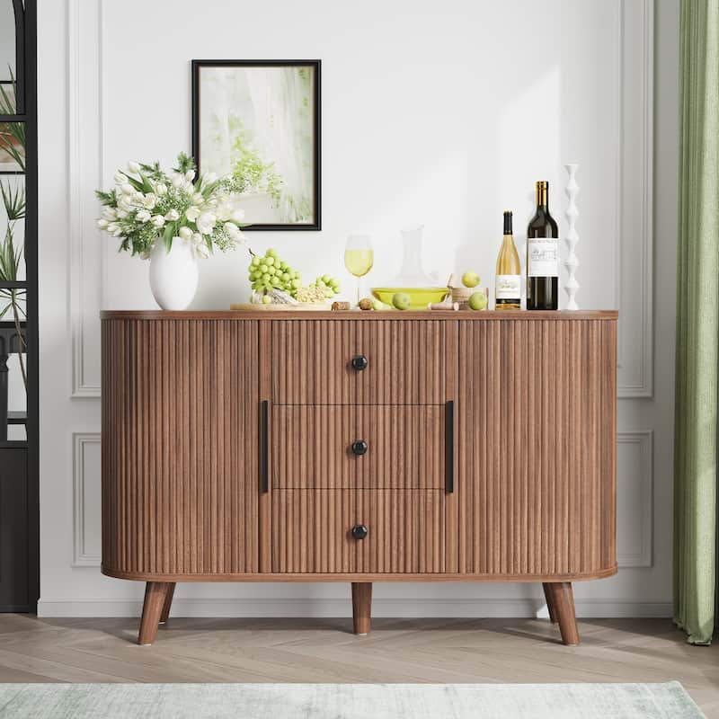 Sideboard Buffet Cabinet with 2 Sliding Tambour Doors and 3 Drawers, Storage Cabinet with Adjustable Shelves for Living Room