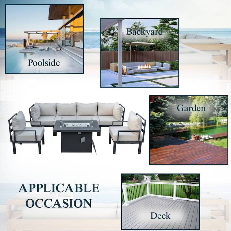 Outdoor 7-Piece Patio Sectional Set Aluminum Frame W/ Fire Pit Table