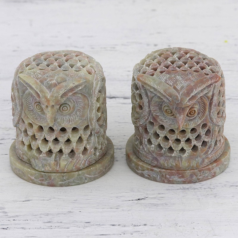Novica Handmade Up Owl Night Soapstone Tealight Candle Holders (Pair)