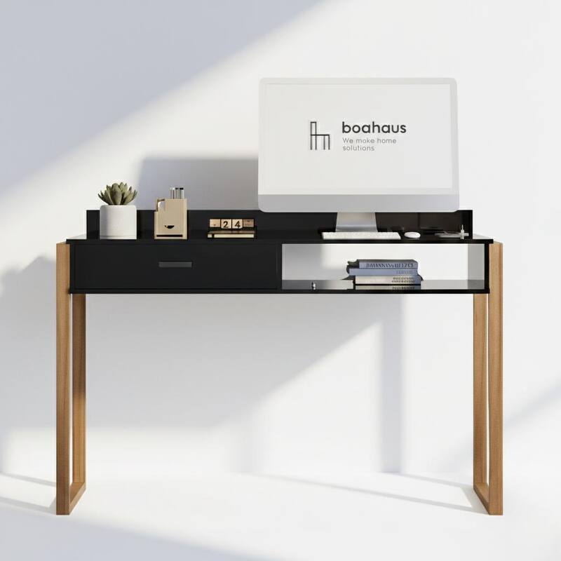 Modern Computer Desk with Drawer, Space-Saving, Shelf and Dual USB Charging Ports - Black.