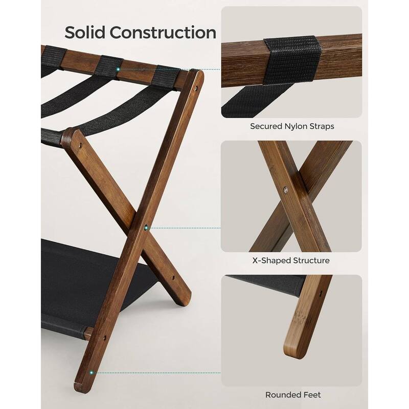 Wood Luggage Rack with Shelf Foldable Suitcase Stand with Nylon Straps for Guest Room or Hotel