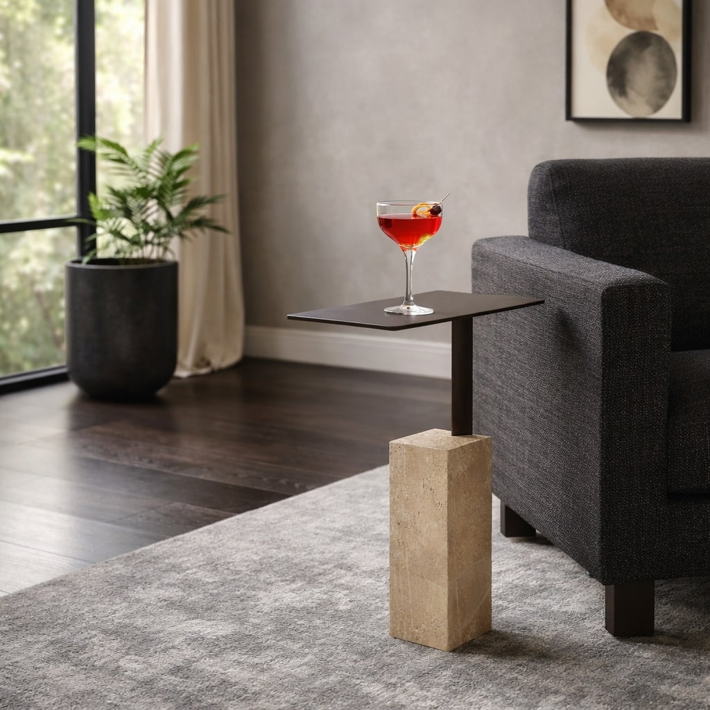 Modern Side Table with Travertine Block Base - 22", Bronze & Tan - 22.0"