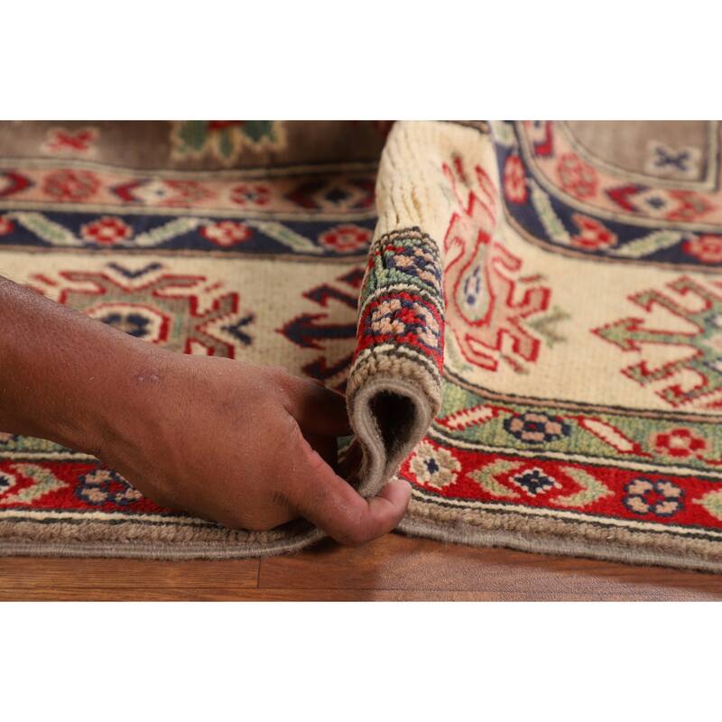 Brown Geometric Kazak Oriental Square Rug Hand-Knotted Wool Carpet - 6'8" x 6'5"