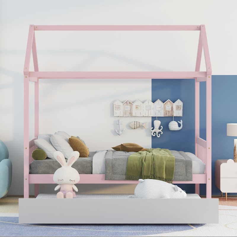 Twin Size Solid Wood House Bed Frame with Trundle and Roof for Kids, Boys and Girls