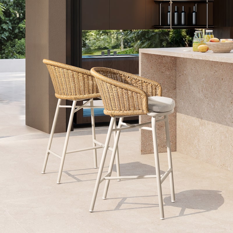 Santorini 28" Wicker Back Outdoor Bar Stool, Set of 2, Wheat Beige Axroma Olefin - Beige