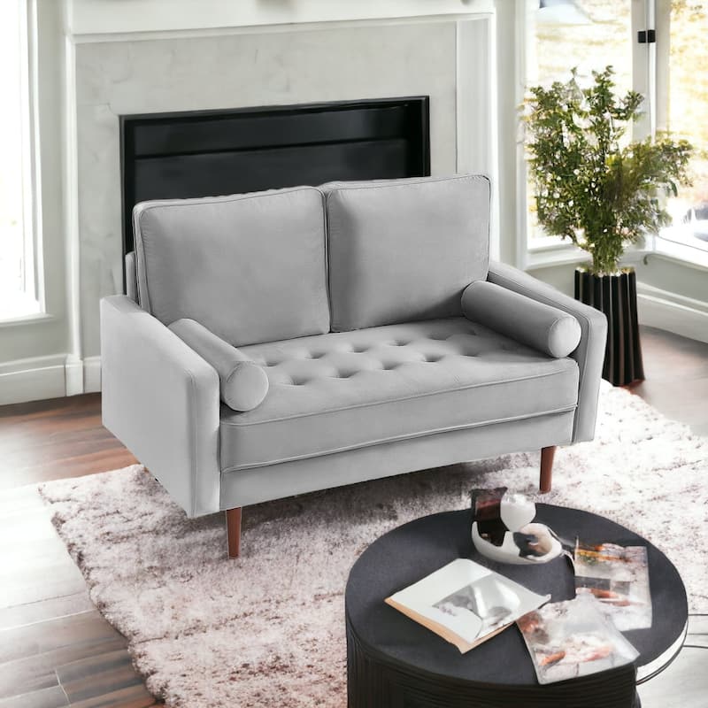 HomeRoots 57" Gray And Dark Brown Velvet Loveseat and Toss Pillows - 57.00 in. x 37.00 in. x 32.00 in. - Gray