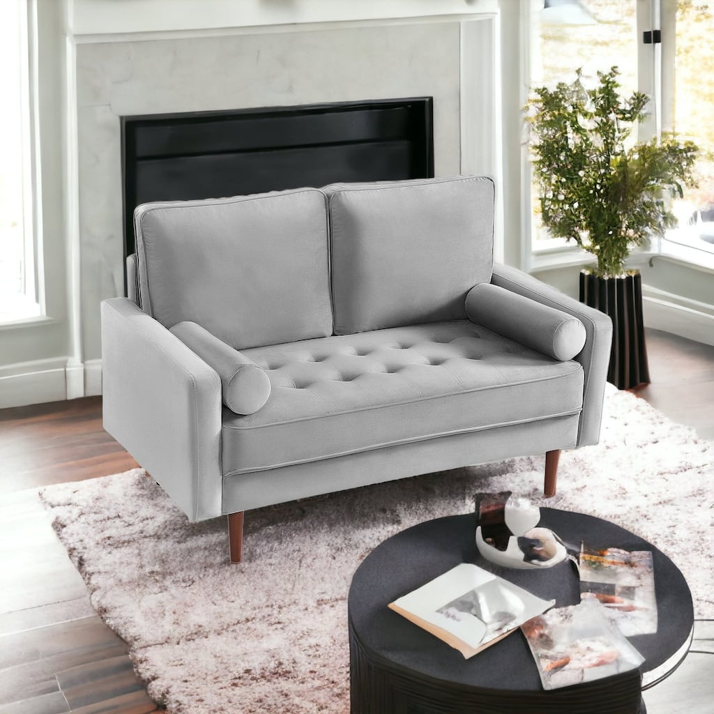 HomeRoots 57" Gray And Dark Brown Velvet Loveseat and Toss Pillows - 57.00 in. x 37.00 in. x 32.00 in.