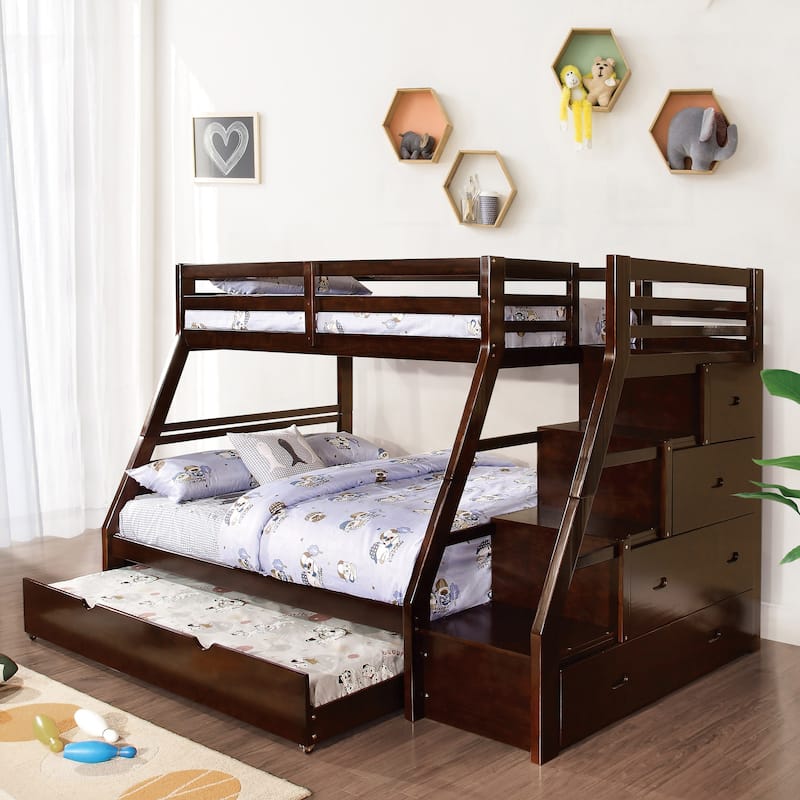 Furniture of America Waluz 2-Piece Twin over Full Wood 4-Drawer Bunk Bed with Trundle Set - Espresso
