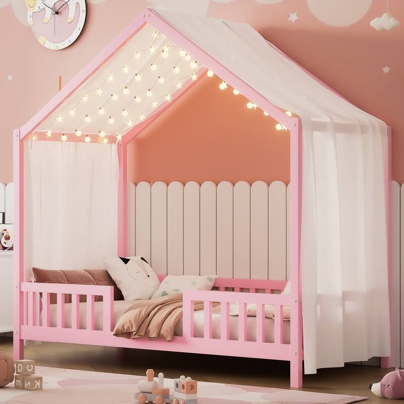 House-Shaped Twin Bed with Canopy and Railings for Kids, Pink Wooden Toddler Bed Frame - Pink