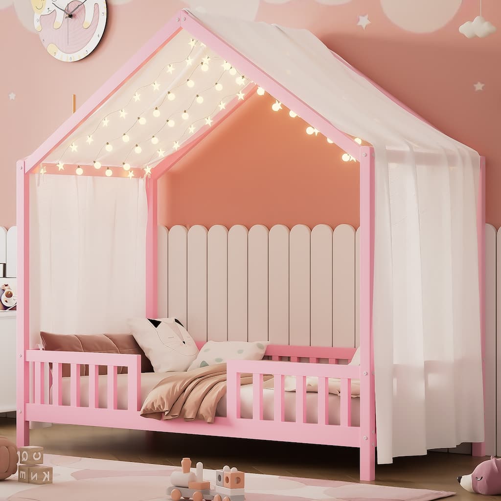 House-Shaped Twin Bed with Canopy and Railings for Kids, Pink Wooden Toddler Bed Frame