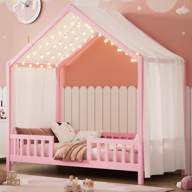 Montessori Bed, House-shape Frame Platform Bed for Kids Toddler, Wood House Daybed with High Railings and Roof, Canopy Bed Frame