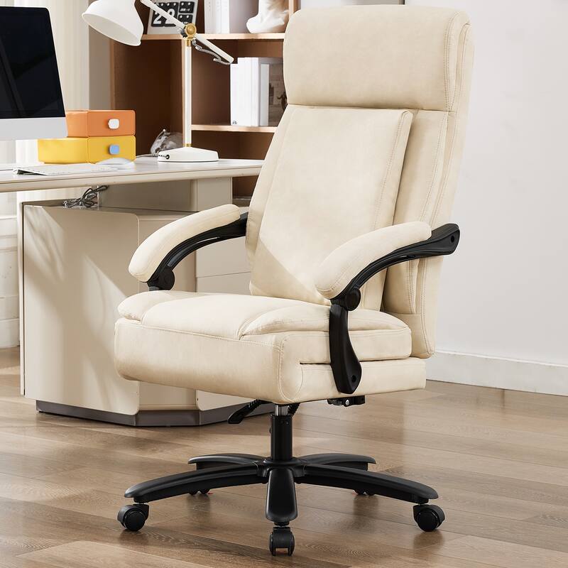 500Lbs Ergonomic Office Chair with Foot Rest, Faux Leather Executive Chair Reclining Chair, Swivel Heavy Duty Task Desk Chairs - Beige